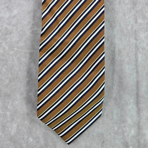 Stafford Performance Brown Blue White Stripe 100% Silk Men's Neck Tie NWOT - Picture 1 of 5